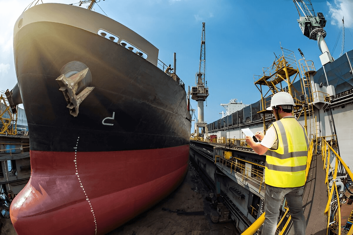 Ship in drydock with inspector